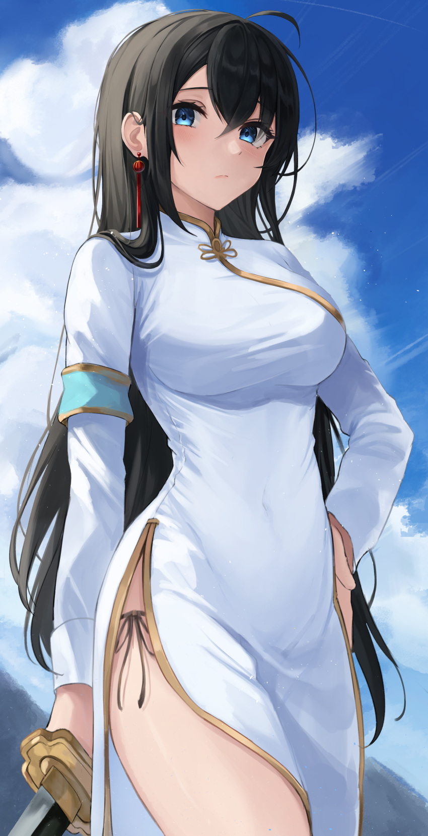 1girl absurdres ahoge armband bangs blue_eyes breasts china_dress chinese_clothes closed_mouth cloud covered_navel cowboy_shot dress earrings hand_on_hip highres holding holding_sword holding_weapon jewelry large_breasts long_hair long_sleeves looking_at_viewer nao_(okt8538) original outdoors panties pelvic_curtain side-tie_panties side-tie_peek sky solo standing string_panties sword taut_clothes taut_dress thighs underwear weapon white_dress
