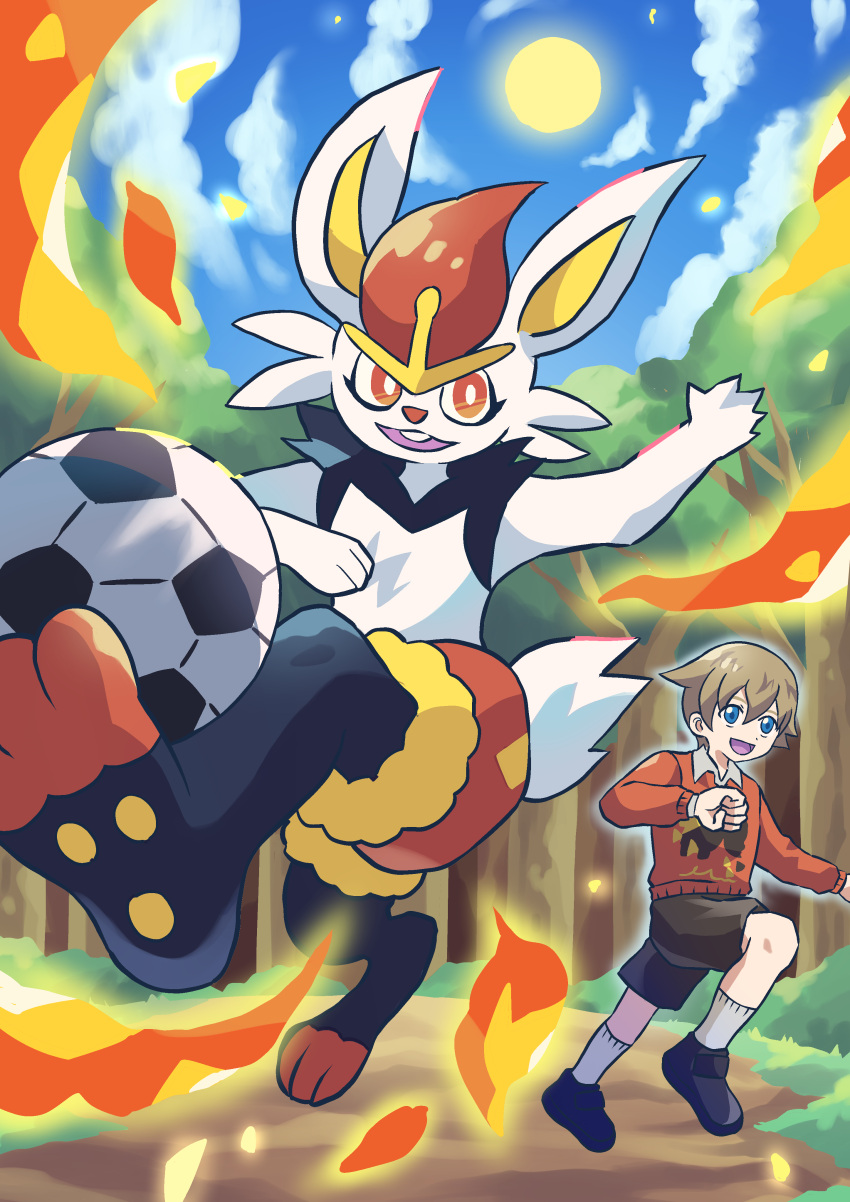 absurd_res ambiguous_gender anthro ball cinderace cloudscape digital_drawing_(artwork) digital_media_(artwork) doe_(artist) duo fire football_(ball) forest forest_background generation_8_pokemon hi_res human kick lagomorph leporid looking_at_viewer male mammal nature nature_background nintendo open_mouth open_smile outside plant pokemon pokemon_(species) raised_hand sky smile sun tree video_games youngster_(pokemon) youngster_(pokemon_sword_and_shield)