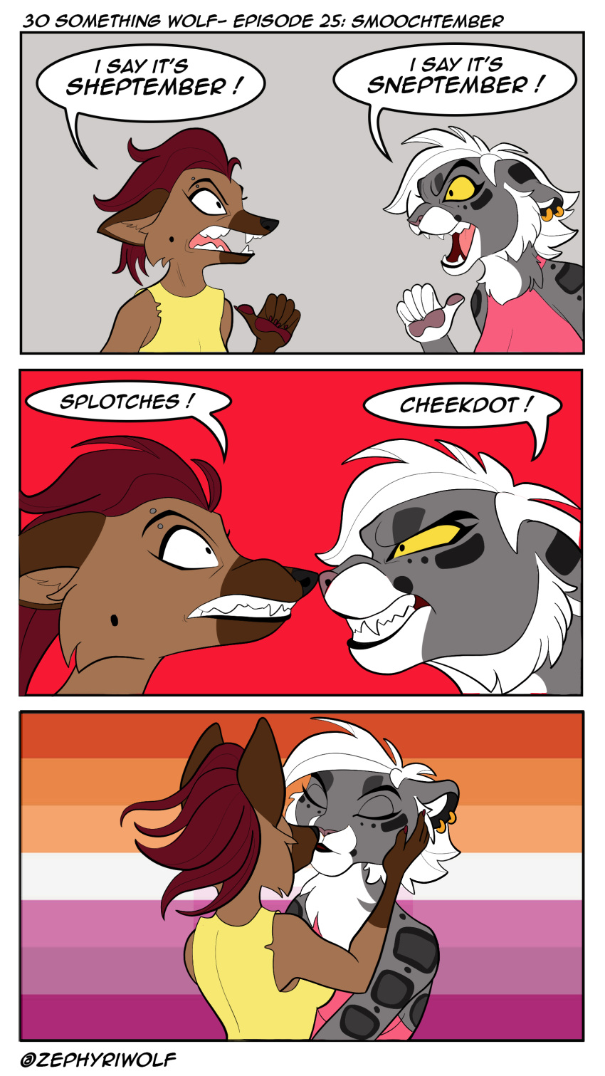 3_panel_comic absurd_res anthro border brown_body brown_fur canid canine canis cheek_tuft clothing dialogue dialogue_box domestic_cat domestic_dog ear_piercing ear_ring ears_back english_text eyes_closed facial_tuft fangs felid feline felis female female/female fur grey_background grey_body grey_fur grey_spots hair half-closed_eyes hi_res humor kissing lesbian_pride_colors lgbt_pride mammal narrowed_eyes open_mouth pawpads paws piercing pivoted_ears pride_colors red_background red_hair ring_piercing sharp_teeth shirt simple_background snarling spots spotted_body spotted_fur tank_top teeth text topwear tuft white_body white_border white_fur white_hair yellow_sclera zephyriwolf