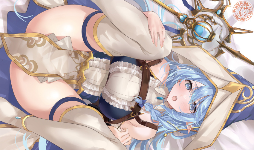 1girl anklet blue_eyes blue_hair blush braid breast_strap breasts duel_monster hat highres jewelry large_breasts light_blue_hair long_hair long_sleeves lying m_legs mexif on_back open_mouth pointy_ears pointy_hat puffy_long_sleeves puffy_sleeves second-party_source solo solo_focus staff water_enchantress_of_the_temple witch_hat yu-gi-oh!