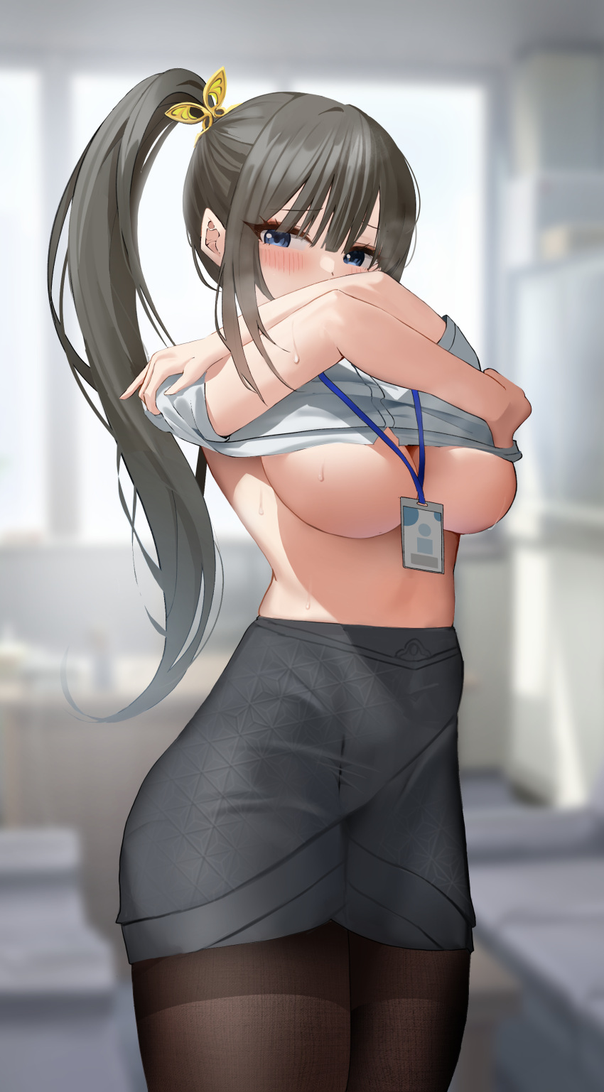 1girl absurdres bangs blue_eyes blunt_bangs blurry blurry_background blush breasts brown_pantyhose clothes_lift grey_skirt highres id_card lanyard large_breasts long_hair looking_at_viewer office_lady original pantyhose ponytail shirt shirt_lift short_sleeves skirt sweat underboob undressing white_shirt yuchae