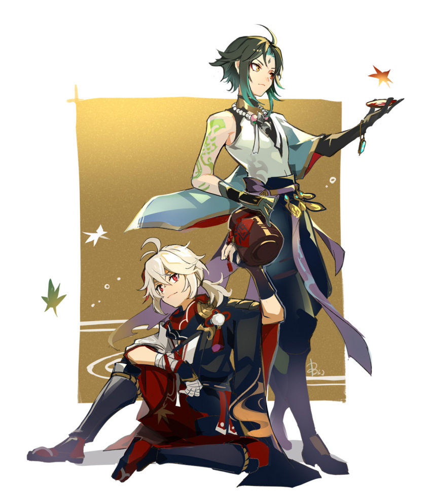 2134twone 2boys ahoge antenna_hair aqua_hair armor asymmetrical_gloves asymmetrical_sleeves autumn_leaves bandaged_arm bandages bangs bead_necklace beads black_hair blush closed_mouth commentary_request crossed_bangs facial_mark falling_leaves forehead_mark genshin_impact gloves hakama hakama_shorts highres japanese_armor japanese_clothes jewelry kaedehara_kazuha kimono leaf leaf_print looking_at_viewer male_focus maple_leaf_print multicolored_hair multiple_boys necklace ponytail red_eyes red_hair red_scarf sandals scarf shorts shoulder_armor shoulder_tattoo side_ponytail sidelocks simple_background sitting smile socks spiked_armor standing streaked_hair tassel tattoo tree white_hair white_kimono xiao_(genshin_impact) yellow_eyes