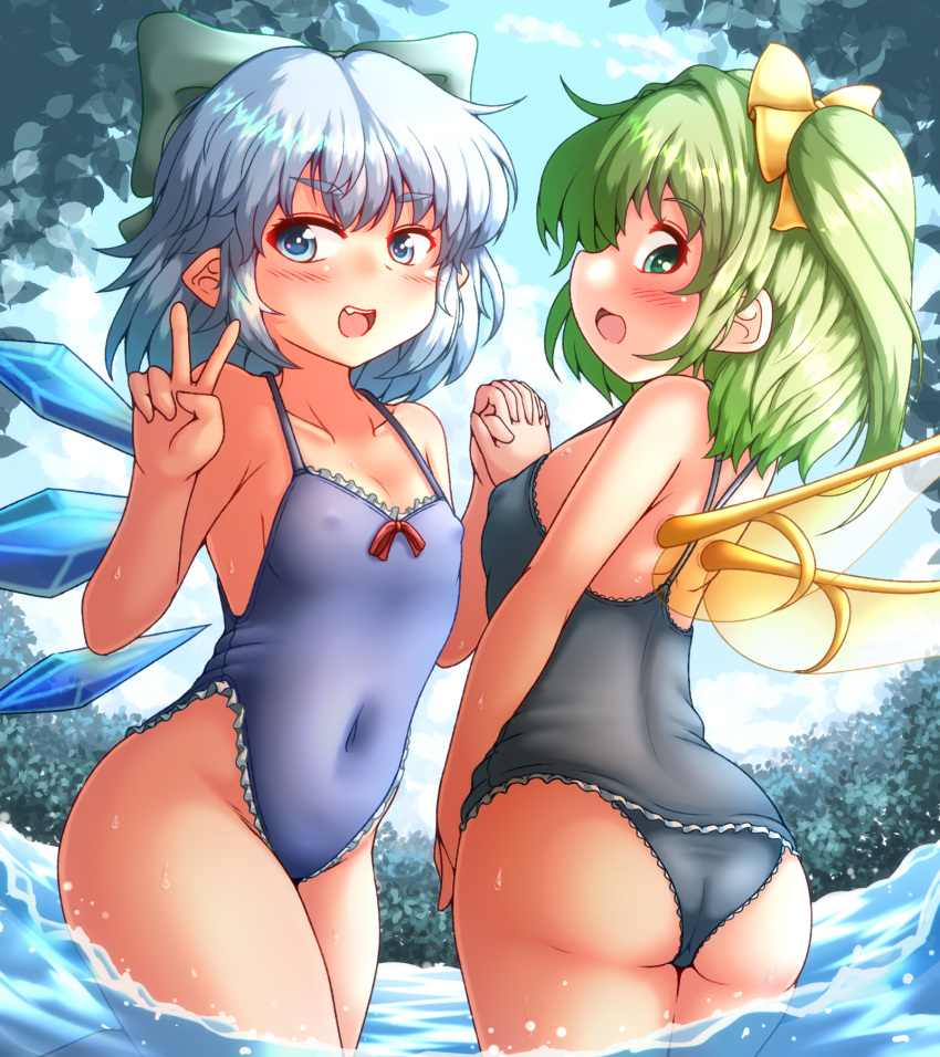 2girls ass black_one-piece_swimsuit blue_bow blue_eyes blue_hair blue_one-piece_swimsuit blush bow cirno collarbone covered_navel cowboy_shot daiyousei day detached_wings fairy fairy_wings green_eyes green_hair hair_bow highres ice ice_wings long_hair multiple_girls one-piece_swimsuit open_mouth short_hair side_ponytail smile swimsuit touhou v wings yoriyuki_chiyo