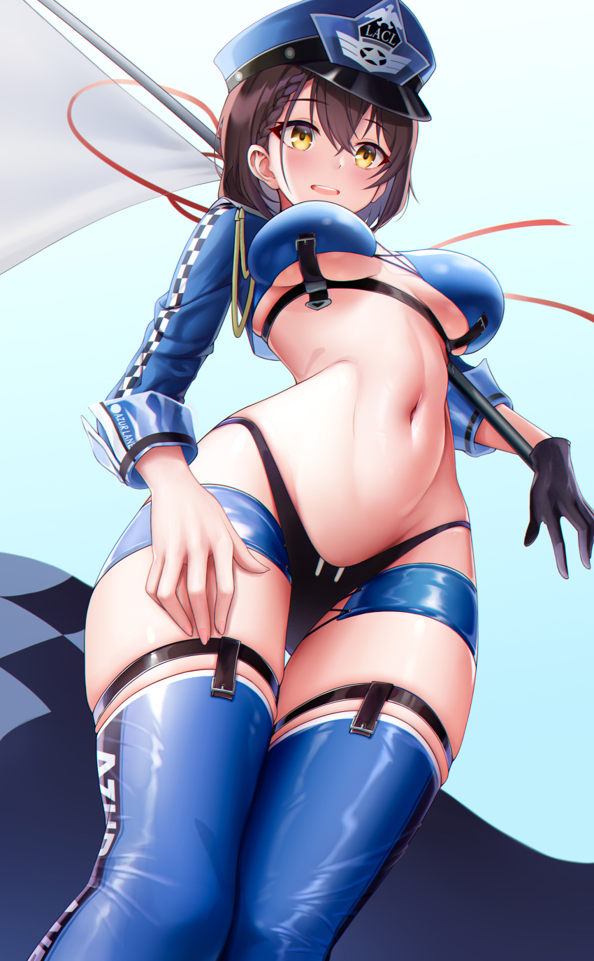 1girl absurdres azur_lane baltimore_(azur_lane) bikini black_gloves blue_thighhighs breasts brown_hair flag from_below gloves hat highres holding holding_flag large_breasts navel official_alternate_costume parted_lips peaked_cap police police_hat police_uniform race_queen short_hair shrug_(clothing) shuumatsu_no_uchuu single_glove sky smile solo stomach swimsuit thighhighs uniform yellow_eyes