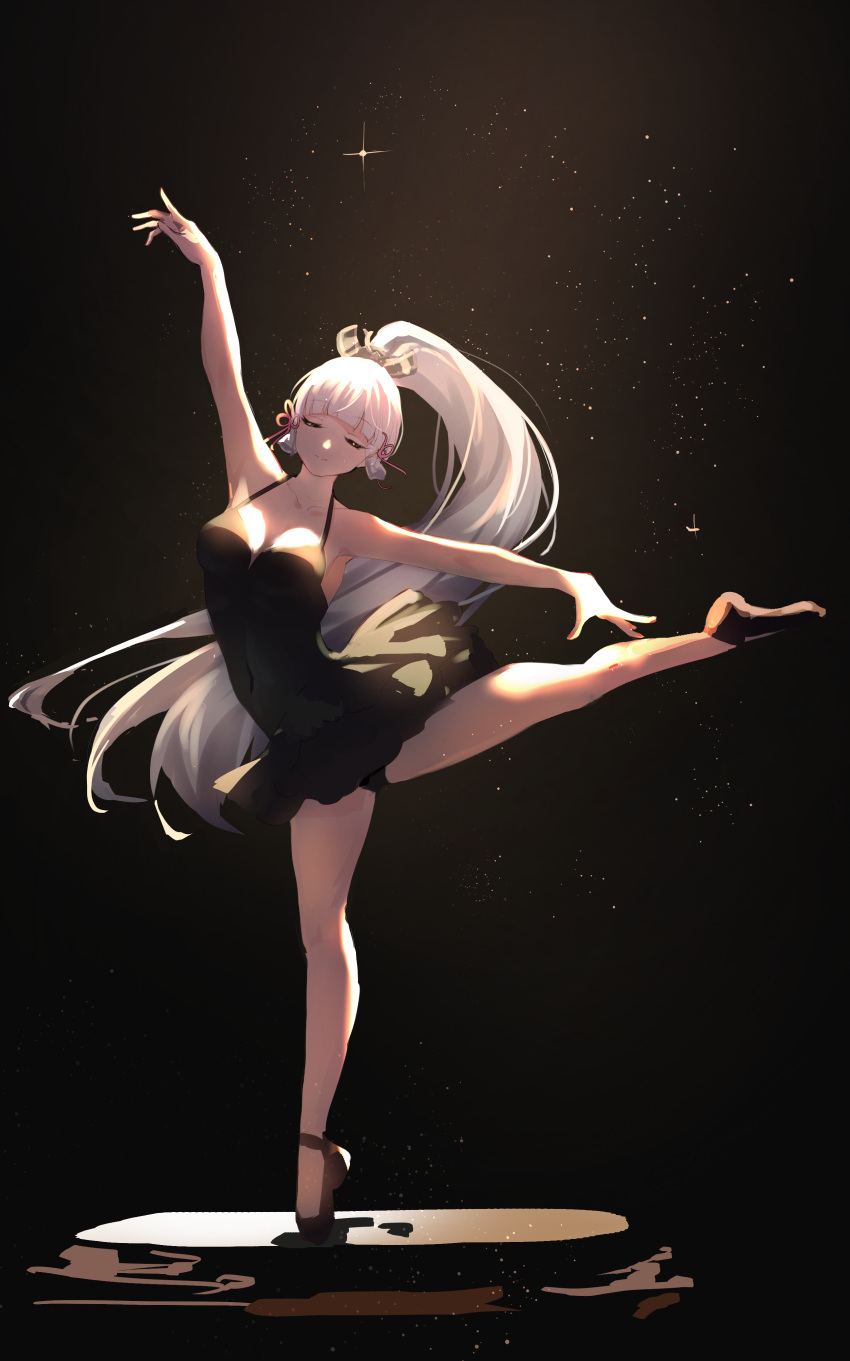 1girl absurdres arm_up ballerina bangs black_dress blunt_bangs breasts closed_eyes closed_mouth covered_navel dress floating_hair genshin_impact hair_ornament hair_ribbon highres kamisato_ayaka kong_ting legs light_particles long_hair medium_breasts outstretched_arms ponytail ribbon shoes short_dress sidelocks solo standing standing_on_one_leg thighs tress_ribbon very_long_hair
