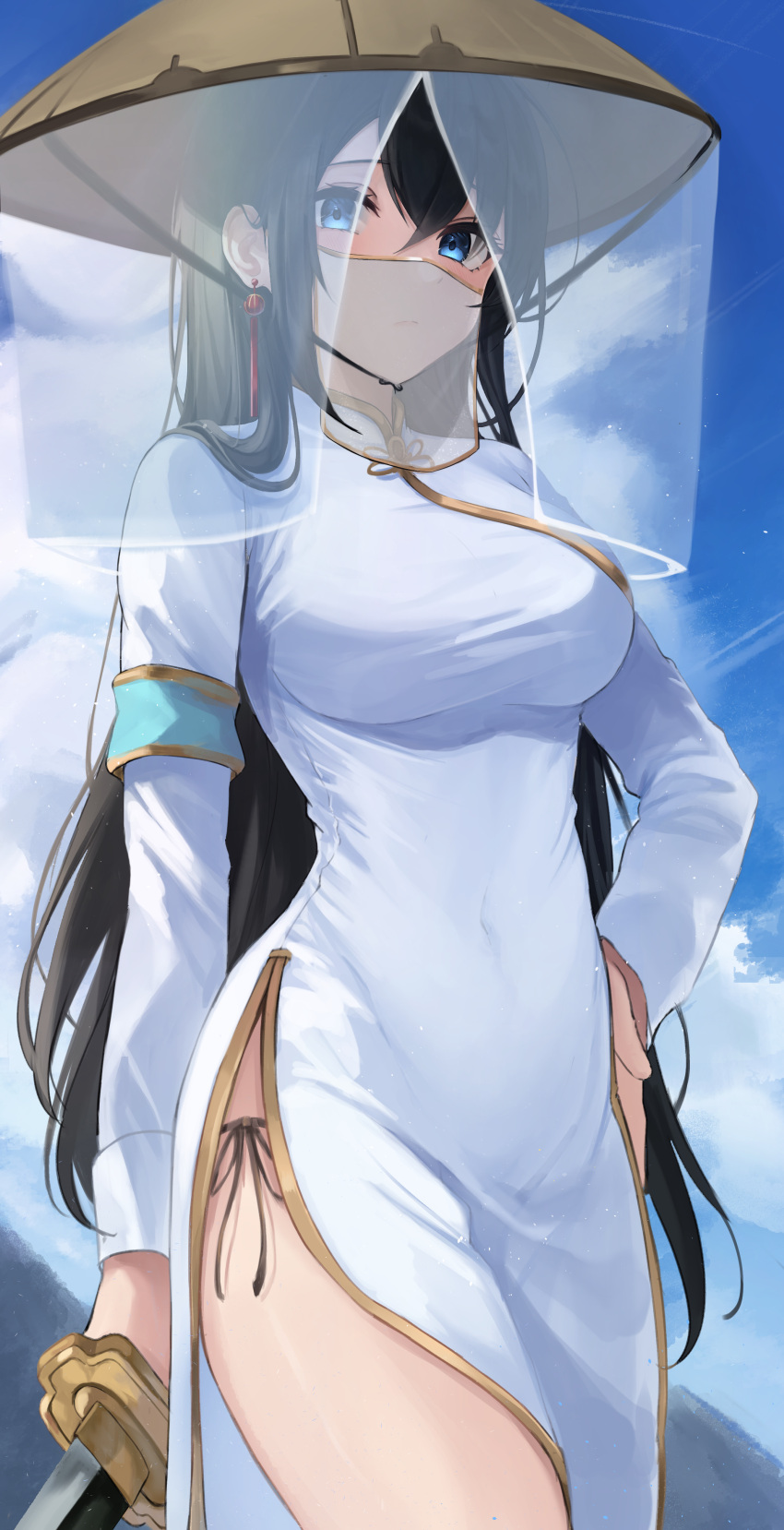 1girl absurdres armband bangs blue_eyes breasts china_dress chinese_clothes closed_mouth cloud covered_navel cowboy_shot dress earrings hand_on_hip hat highres holding holding_sword holding_weapon jewelry large_breasts long_hair long_sleeves looking_at_viewer mouth_veil nao_(okt8538) original outdoors panties pelvic_curtain rice_hat side-tie_panties side-tie_peek sky solo standing string_panties sword taut_clothes taut_dress thighs underwear veil weapon white_dress