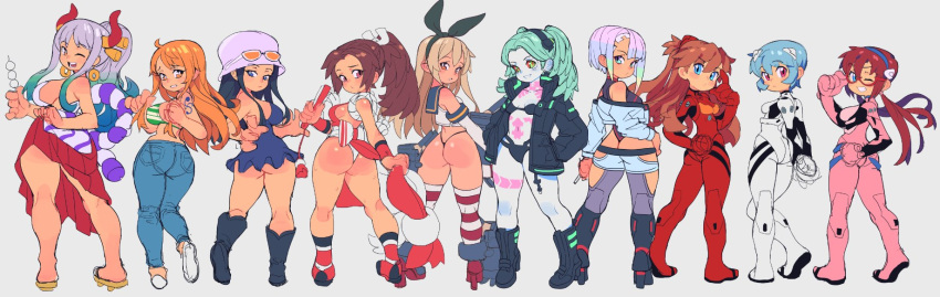 6+girls all_fours ass asymmetrical_hair ayanami_rei bare_shoulders black_bra black_footwear black_hairband black_jacket black_leotard black_panties blonde_hair blue_dress blue_hair blue_sailor_collar bodysuit boots bra breasts brown_eyes brown_hair cleavage closed_mouth colored_sclera colored_skin crop_top cropped_jacket crossover cyberpunk_(series) cyberpunk_edgerunners denim dress elbow_gloves english_commentary eyewear_on_head fatal_fury folded_fan folding_fan from_behind full_body glasses gloves gradient_hair green_eyes green_hair grey_background grey_hair grin hairband hand_fan hands_in_pockets high_heel_boots high_heels high_ponytail highleg highleg_panties highres horns interface_headset jacket japanese_clothes jeans kantai_collection large_breasts leg_tattoo leotard long_hair long_sleeves looking_at_viewer looking_back lucy_(cyberpunk_edgerunners) makinami_mari_illustrious multicolored_hair multiple_girls nami_(one_piece) neon_genesis_evangelion nico_robin ninja no_pants one_eye_closed one_piece open_clothes open_jacket orange_hair panties pants pelvic_curtain pink_hair plugsuit ponytail presenting rebecca_(cyberpunk_edgerunners) rebuild_of_evangelion red_pupils red_sclera rensouhou-chan revealing_clothes rope rudder_footwear sailor_collar shimakaze_(kancolle) shiranui_mai short_hair sideboob simple_background sketch slammo small_breasts smile solo souryuu_asuka_langley standing stomach_tattoo striped striped_thighhighs sunglasses sweat tattoo the_king_of_fighters thick_thighs thighhighs thighs thong twintails underwear white_gloves white_jacket white_skin yamato_(one_piece)