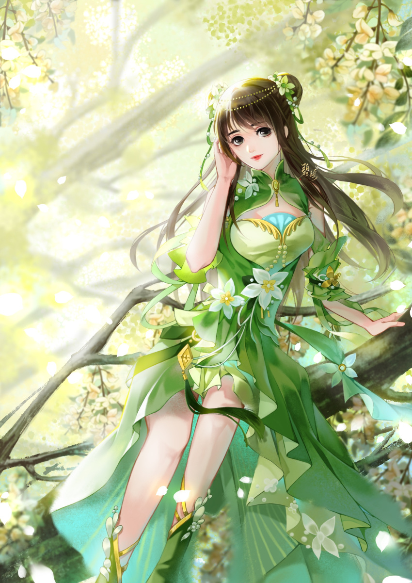 1girl absurdres artist_request baiguio_(zhu_xian) bare_legs beads branch brown_hair cleavage_cutout closed_mouth clothing_cutout detached_sleeves double_bun dress falling_petals flower green_dress green_footwear hair_beads hair_bun hair_flower hair_ornament highres light long_hair looking_to_the_side petals second-party_source sitting smile solo zhu_xian