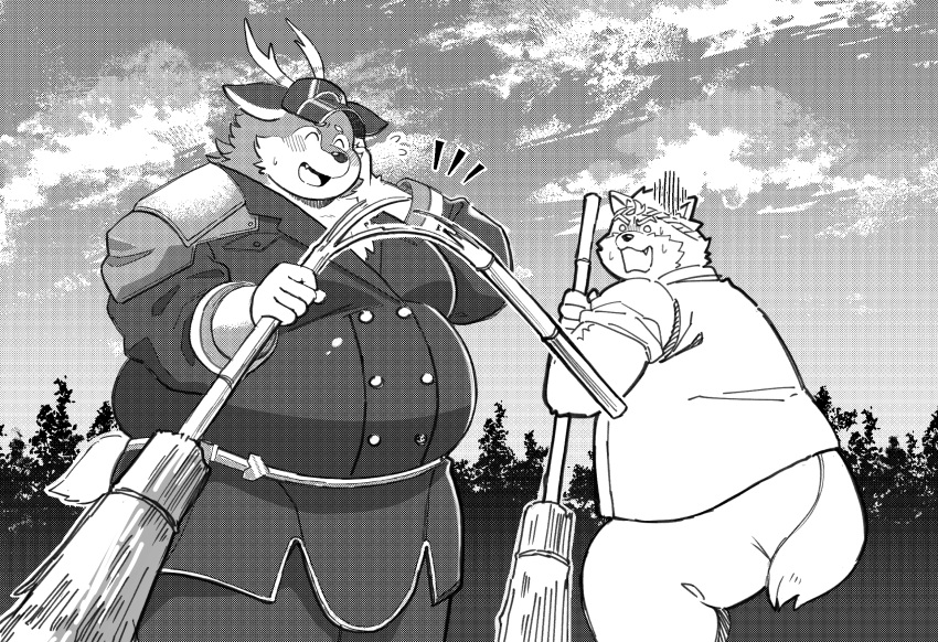 2022 anthro belly big_belly canid canine canis cervid clothed clothing domestic_dog duo hat headgear headwear hi_res kazusa kemono male mammal musashi_(tamacolle) outside overweight overweight_male sv_grart tamacolle