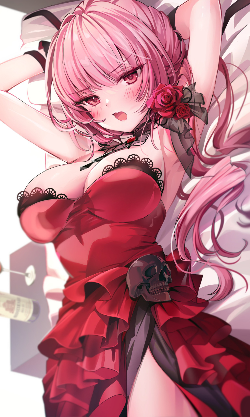 1girl absurdres armpits blush bottle breasts cleavage cup dress drinking_glass english_commentary flower hair_flower hair_ornament highres hololive hololive_english large_breasts long_hair looking_at_viewer luna_nyann lying mori_calliope on_back on_bed pink_hair red_dress red_eyes solo virtual_youtuber wavy_mouth wine_bottle wine_glass