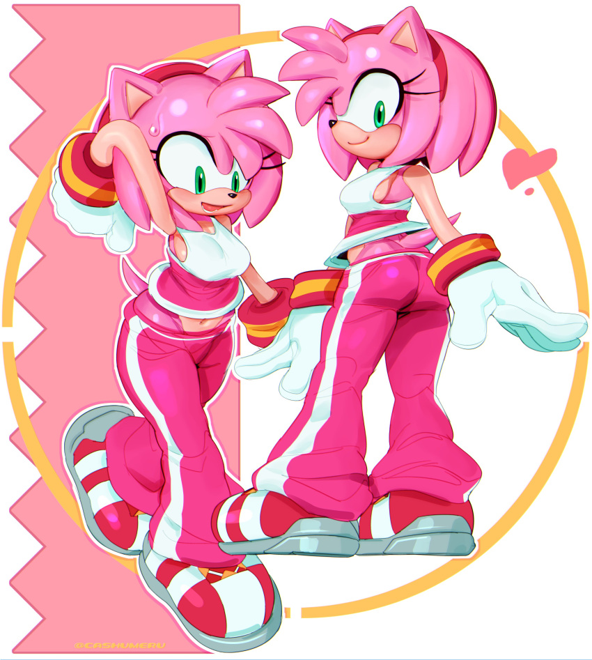 absurd_res amy_rose anthro bodily_fluids breasts butt cashumeru clothing eulipotyphlan female gloves green_eyes handwear hedgehog hi_res mammal navel sega solo sonic_the_hedgehog_(series) sweat