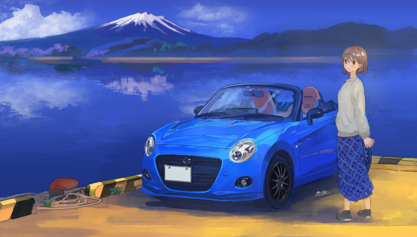 1girl arms_behind_back bangs blue_skirt brown_hair car closed_mouth commentary_request convertible daihatsu daihatsu_copen dock ground_vehicle highres license_plate long_skirt momo_hiki motor_vehicle mountain mountainous_horizon original outdoors personification reflection rope shirt short_hair skirt smile solo water white_shirt