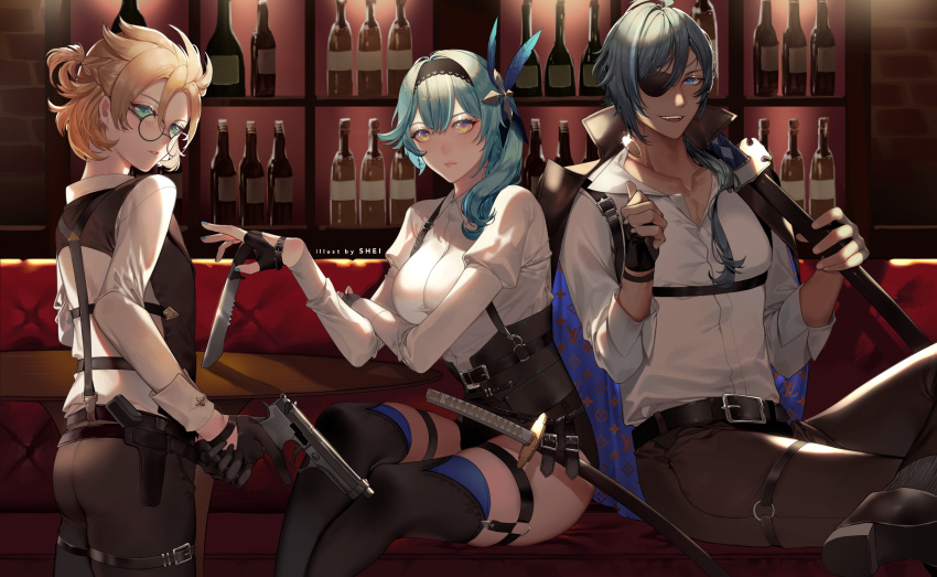 1girl 2boys albedo_(genshin_impact) ass bangs belt black_hairband blonde_hair blue_eyes blue_hair bottle breasts brown_pants coin couch dark-skinned_male dark_skin eula_(genshin_impact) eyepatch fangs feather_hair fingerless_gloves forehead genshin_impact glasses gloves green_eyes gun hair_between_eyes hair_ornament hairband highres holding holding_weapon jacket kaeya_(genshin_impact) knife large_breasts long_hair long_sleeves medium_breasts multiple_boys open_mouth pants purple_eyes shei99 shirt smile sword table thighhighs vest weapon white_shirt yellow_eyes