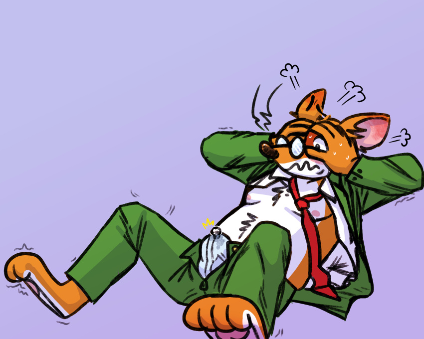 anthro barkinbin belly bodily_fluids bulge clothed clothing eyewear flustered genital_fluids genitals geronimo_stilton geronimo_stilton_(series) glasses half-erect hi_res male mammal mouse murid murine necktie partially_clothed penis precum rodent solo spread_legs spreading