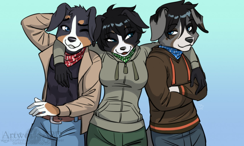 2020 abluedeer anthro black_hair black_nose breasts canid canine canis clothed clothing domestic_dog female gradient_background group hair male mammal simple_background trio