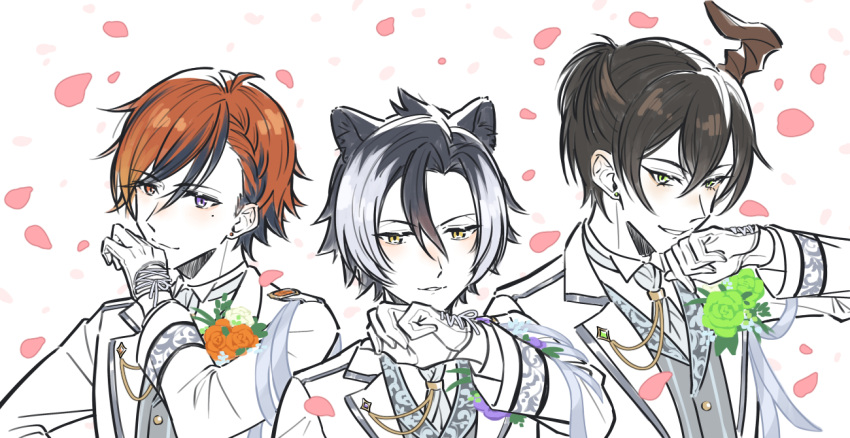 3boys alternate_costume alternate_hairstyle animal_ears anmochi aragami_oga ascot bangs black_hair boutonniere braid braided_bangs cross-laced_clothes cross-laced_gloves curtained_hair earrings falling_petals flower gloves green_eyes green_flower green_rose grey_vest hair_between_eyes half_gloves half_updo heterochromia holostars horns jackal_ears jacket jewelry kageyama_shien lapel_pin lapels light_blush looking_at_viewer male_focus mole mole_under_eye multicolored_hair multiple_boys notched_lapels orange_eyes orange_flower orange_hair orange_rose parted_lips petals purple_eyes purple_flower purple_rose rose shirt short_hair single_horn smile streaked_hair stud_earrings suit_jacket swept_bangs two-tone_hair upper_body vest virtual_youtuber white_ascot white_background white_gloves white_hair white_jacket white_shirt yellow_eyes yukoku_roberu