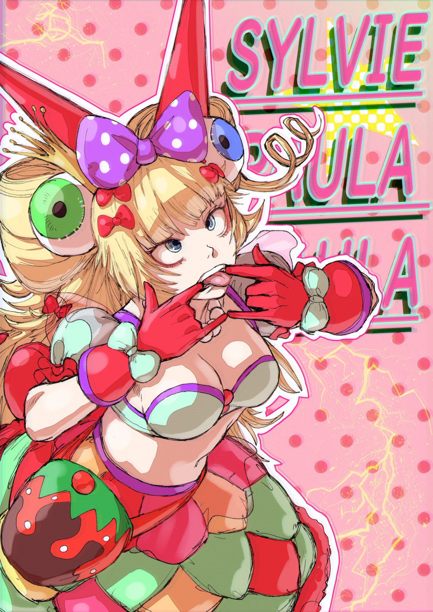 1girl akasa523 bangs blonde_hair blue_eyes bobbles bow bracelet breasts cleavage collarbone crop_top crown eyeball eyeball_hair_ornament eyelashes fake_horns gloves green_shirt hair_between_eyes hair_bow hair_ornament heart highres holding horns jewelry lips long_hair medium_breasts midriff mini_crown necklace nose open_mouth palms pearl_bracelet pearl_necklace polka_dot polka_dot_bow puffy_short_sleeves puffy_sleeves purple_bow raised_eyebrows red_bow red_gloves shirt short_sleeves sidelocks simple_background snk solo spikes sylvie_paula_paula teeth the_king_of_fighters the_king_of_fighters_xiv tongue twintails upper_body very_long_hair wavy_hair