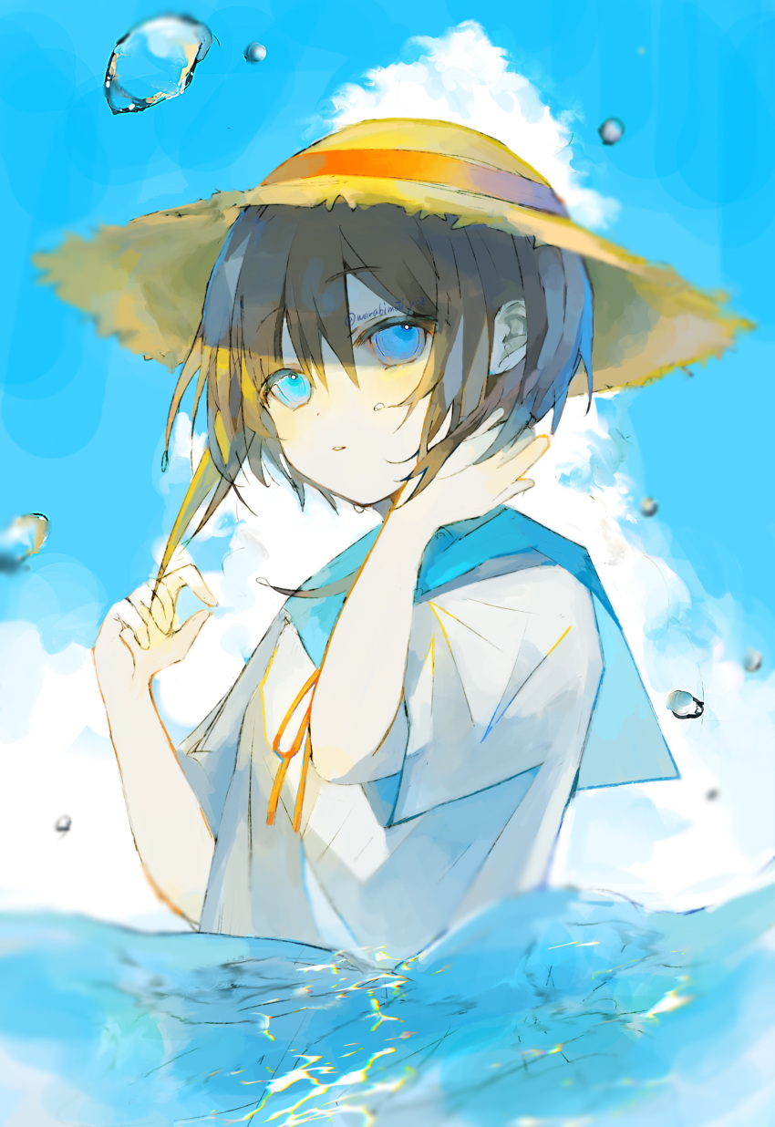 1girl absurdres black_hair blue_eyes blue_sky cloud cumulonimbus_cloud hat highres ocean original ribbon school_uniform serafuku short_hair sky straw_hat summer warabimoti_yoz water_drop