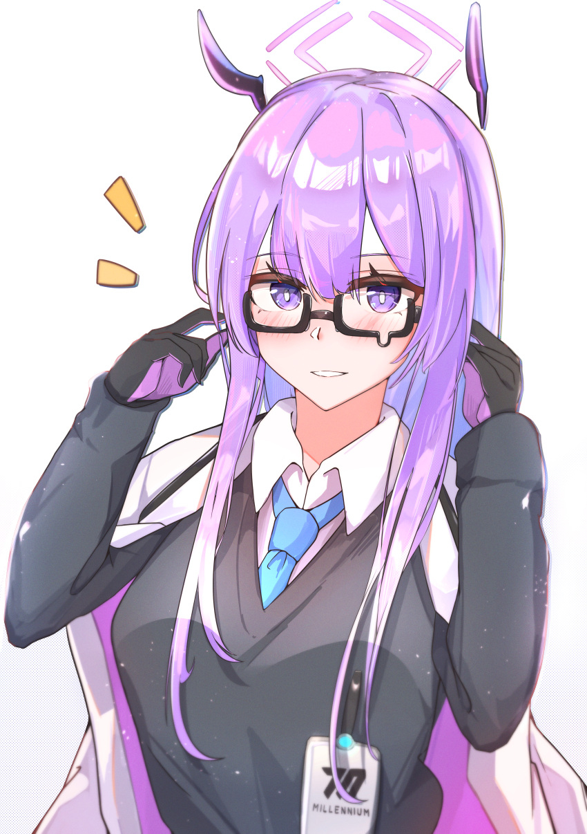 1girl absurdres bangs black_cardigan black_gloves blue_archive blue_necktie blush cardigan glasses gloves halo highres jacket jacket_on_shoulders long_hair long_sleeves looking_at_viewer multicolored_clothes multicolored_gloves muteppona_hito necktie open_clothes open_jacket open_mouth purple_eyes purple_hair shirt sidelocks smile solo upper_body utaha_(blue_archive) white_background white_jacket white_shirt