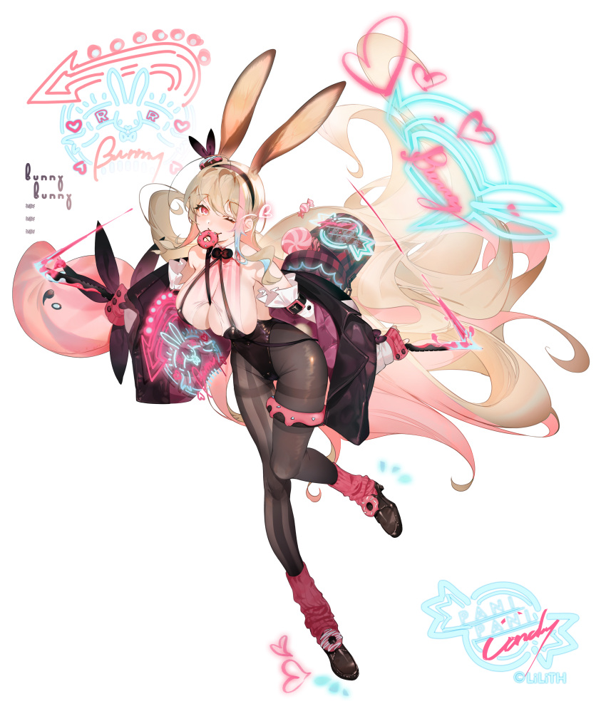 1girl absurdres animal_ears black_hairband black_jacket blonde_hair breasts brown_pantyhose cleavage commentary_request doughnut food full_body hairband highres jacket large_breasts long_hair looking_at_viewer mouth_hold multicolored_hair one_eye_closed original pantyhose pink_hair rabbit_ears rabbit_girl red_eyes shokuen_(oxstl) simple_background two-tone_hair very_long_hair white_background