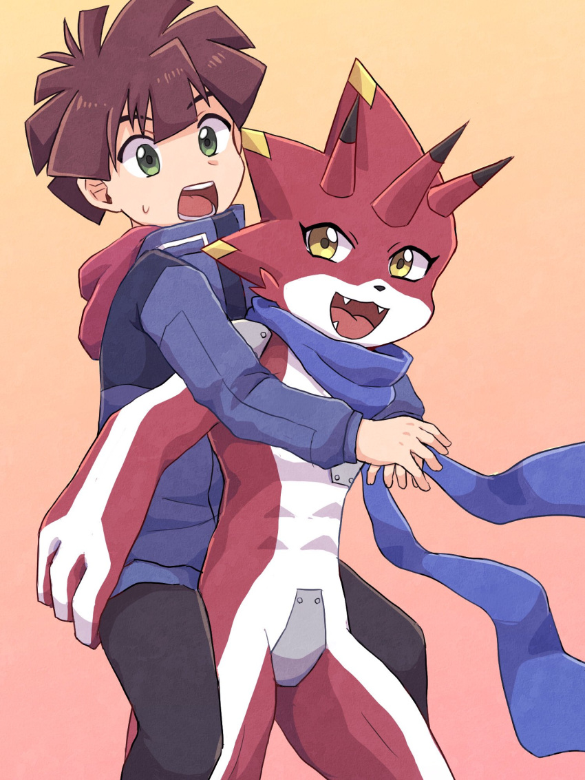 anthro bandai_namco betelgammamon brown_hair carrying claws clothing codpiece digimon digimon_ghost_game duo hair hi_res hiro_amanokawa hoodie horn human male mammal mstdndkkkkk piggyback red_body scarf topwear yellow_eyes