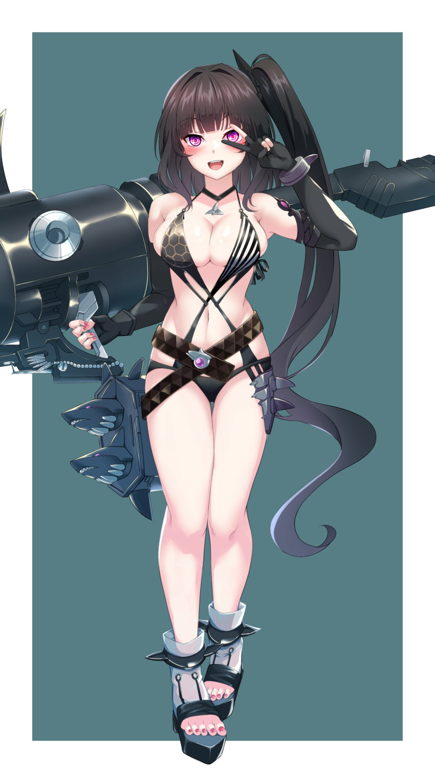 1girl 4tb_(4tera_byte) absurdres architect_(girls'_frontline) architect_(nvw_model)_(girls'_frontline) bangs bikini black_gloves black_hair blush border breasts cleavage commentary elbow_gloves full_body girls'_frontline gloves green_background highres holding holding_weapon large_breasts linea_alba long_hair looking_at_viewer navel open_mouth outside_border red_eyes sangvis_ferri side_ponytail simple_background solo standing swimsuit toeless_footwear v very_long_hair weapon white_border