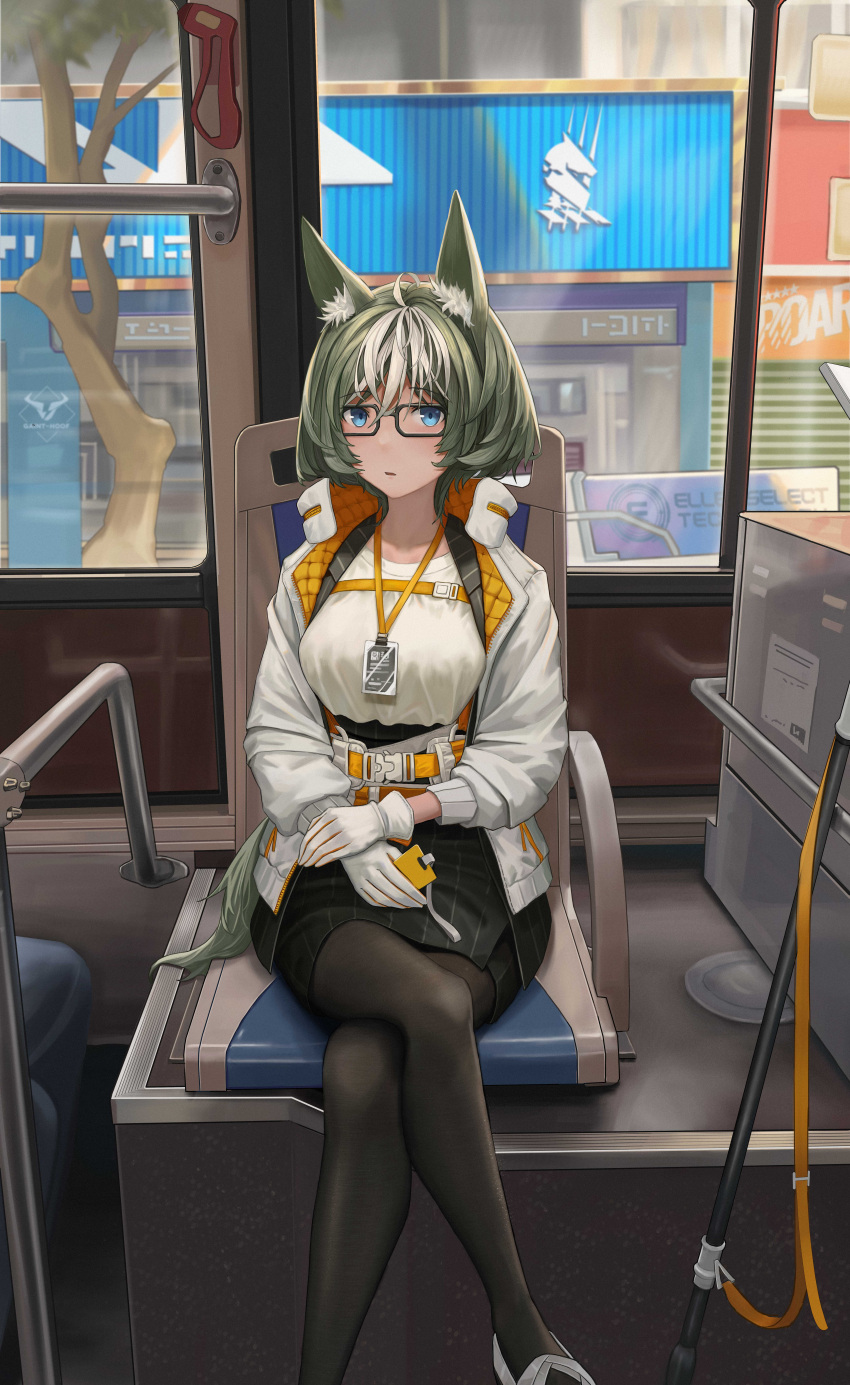 1girl absurdres animal_ears arknights black_pantyhose black_skirt blue_eyes blush bus_interior crossed_legs foot_out_of_frame gaai glasses gloves green_hair grey_footwear highres id_card jacket kingdom_of_kazimierz_logo lanyard long_hair looking_at_viewer open_clothes open_jacket pantyhose parted_lips proviso_(arknights) seat shirt short_hair sitting skirt solo tail white_gloves white_jacket white_shirt