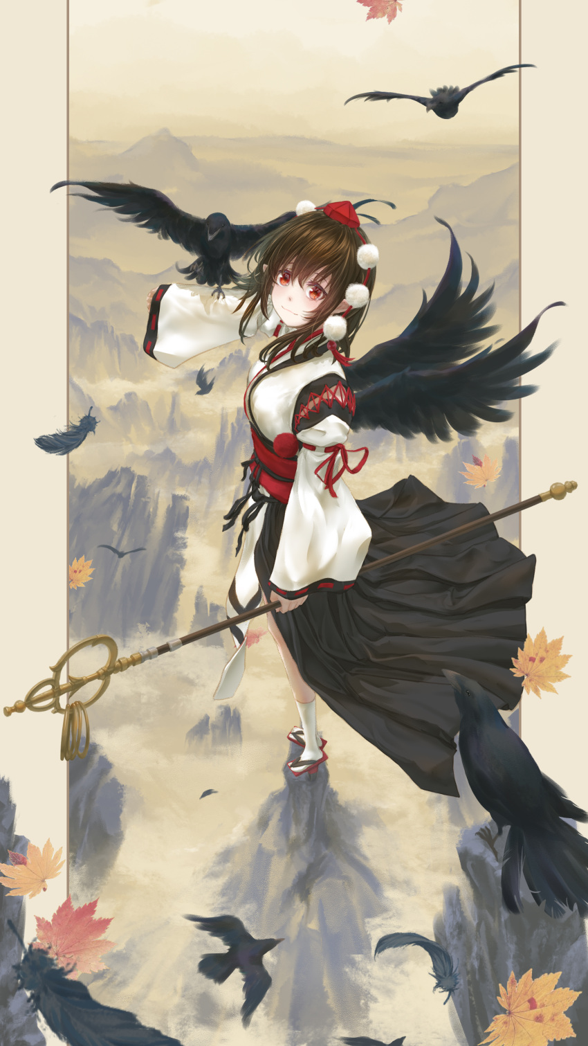 1girl absurdres animal autumn_leaves bangs bird black_wings border brown_hair crow falling_feathers falling_leaves fasnakegod feathered_wings feathers from_side full_body geta hair_between_eyes hat highres holding japanese_clothes kimono kourindou_tengu_costume leaf looking_at_viewer maple_leaf medium_hair outside_border pointy_ears pom_pom_(clothes) red_eyes red_ribbon ribbon ribbon_trim sash scenery shameimaru_aya solo standing tokin_hat touhou white_kimono wide_sleeves wings