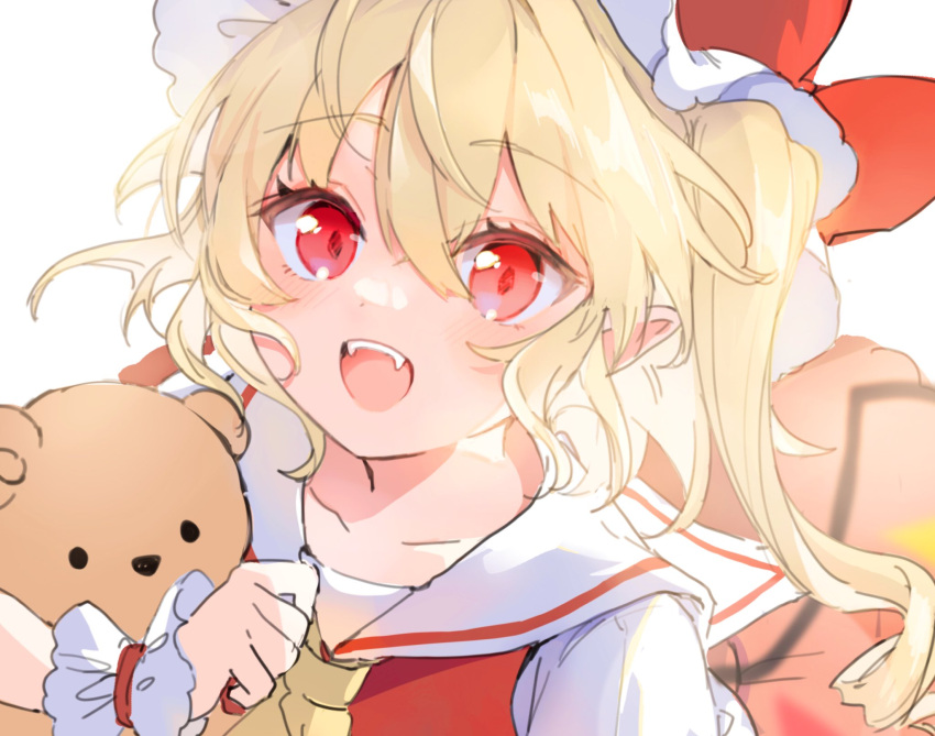 1girl :d blonde_hair fangs flandre_scarlet hair_between_eyes hat highres holding holding_stuffed_toy mob_cap one_side_up open_mouth paragasu_(parags112) pointy_ears red_eyes smile solo stuffed_animal stuffed_toy teddy_bear touhou wings wrist_cuffs