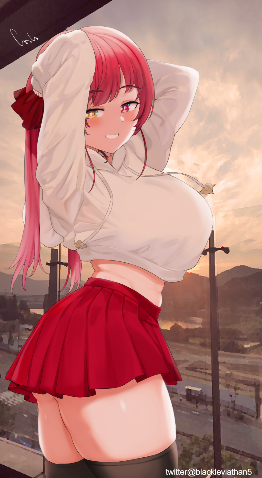 1girl absurdres arms_up black_thighhighs blush bow breasts casual cowboy_shot crop_top drawstring eyebrows_hidden_by_hair facing_to_the_side grin hair_bow heterochromia highres hololive hood hoodie houshou_marine large_breasts long_hair long_sleeves miniskirt outdoors pleated_skirt red_eyes red_hair red_skirt riba signature skindentation skirt smile solo sunrise teeth thighhighs thighs twintails twitter_username virtual_youtuber white_hoodie yellow_eyes zettai_ryouiki