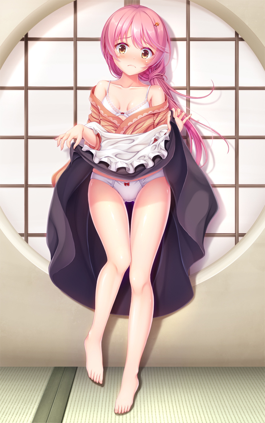 1girl black_skirt blush bra breasts brown_eyes clothes_lift collarbone full_body highres hiro_(725611) kurama_koharu lifted_by_self long_hair panties pink_hair senren_banka skirt skirt_lift small_breasts solo standing underwear white_bra white_panties