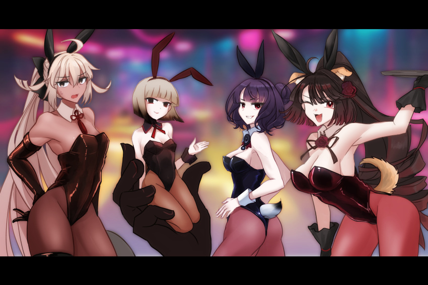 absurdres ahoge animal_ears black_eyes black_gloves breasts brown_hair dark_skin detached_collar dog_ears dog_tail fate/grand_order fate_(series) flower gloves grey_hair hair_bun hair_flower hair_ornament highres katsushika_hokusai_(fate) katsushika_hokusai_(third_ascension)_(fate) kyokutei_bakin_(fate) large_breasts letterboxed long_hair medium_breasts nana73 pantyhose playboy_bunny ponytail purple_hair red_eyes rengoku_(fate) sen_no_rikyu_(fate) single_hair_bun small_breasts tail wrist_cuffs