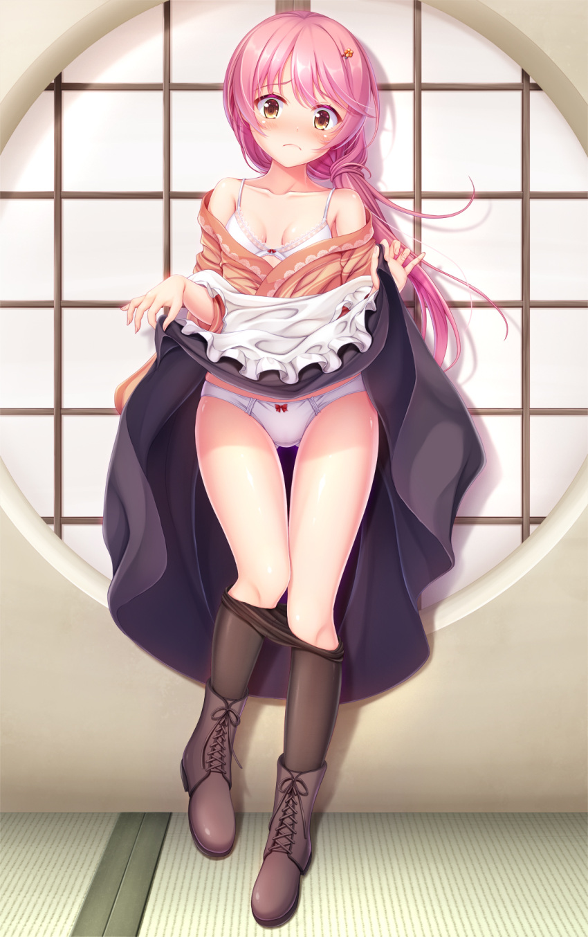 1girl black_pantyhose black_skirt blush boots bra breasts brown_eyes brown_footwear clothes_lift clothes_pull collarbone cross-laced_footwear full_body highres hiro_(725611) kurama_koharu lifted_by_self long_hair panties pantyhose pantyhose_pull pink_hair senren_banka skirt skirt_lift small_breasts solo standing underwear white_bra white_panties