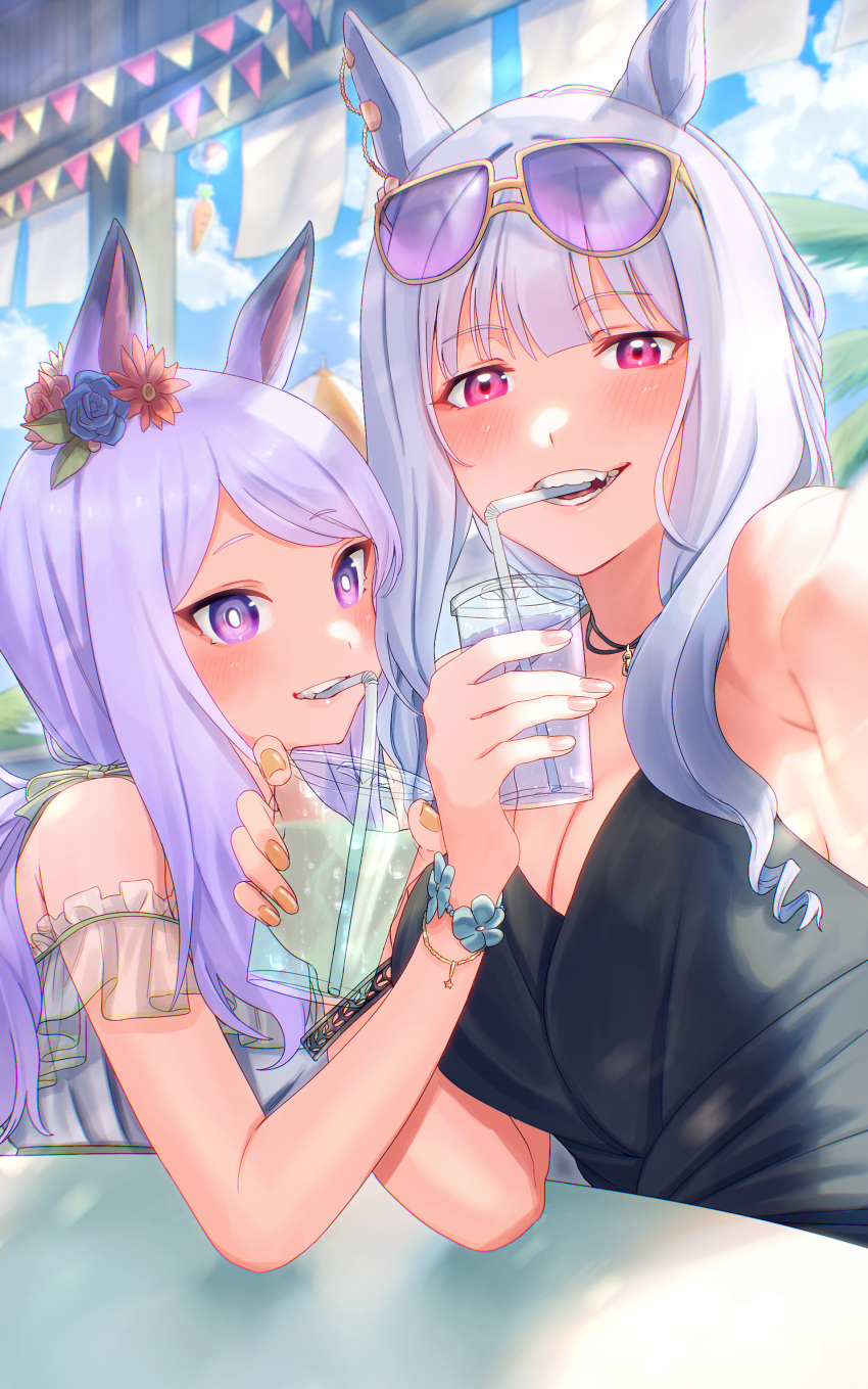 2girls absurdres animal_ears bangs bare_shoulders blunt_bangs breasts cleavage cup disposable_cup drinking_straw drinking_straw_in_mouth ear_ornament eyewear_on_head gold_ship_(run_revolt_launcher)_(umamusume) gold_ship_(umamusume) highres horse_ears horse_girl horse_tail jewelry light_blush light_purple_hair long_hair mejiro_mcqueen_(ripple_fairlady)_(umamusume) mejiro_mcqueen_(umamusume) multiple_girls official_alternate_costume official_alternate_hairstyle palm_tree parasol pendant purple_eyes purple_hair selfie sunglasses super_smashing_summer_vacation_(umamusume) swimsuit tail tamayume tracen_swimsuit tree umamusume umbrella upper_body wind_chime