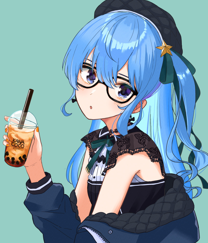 1girl absurdres aqua_background armpit_crease bangs beret black_headwear blue_eyes blue_hair blue_jacket blush bow bowtie bubble_tea choker commentary cup earrings glasses green_bow green_bowtie green_ribbon hair_ribbon hand_up hat head_tilt highres holding holding_cup hololive hoshimachi_suisei jacket jewelry lace lace_choker lace_trim long_hair looking_at_viewer nail_polish off_shoulder official_alternate_costume one_side_up open_mouth orange_nails ribbon shiny shiny_hair shirt sidelocks sleeveless sleeveless_shirt solo tagosaku_(tatsukiuma0329) upper_body virtual_youtuber