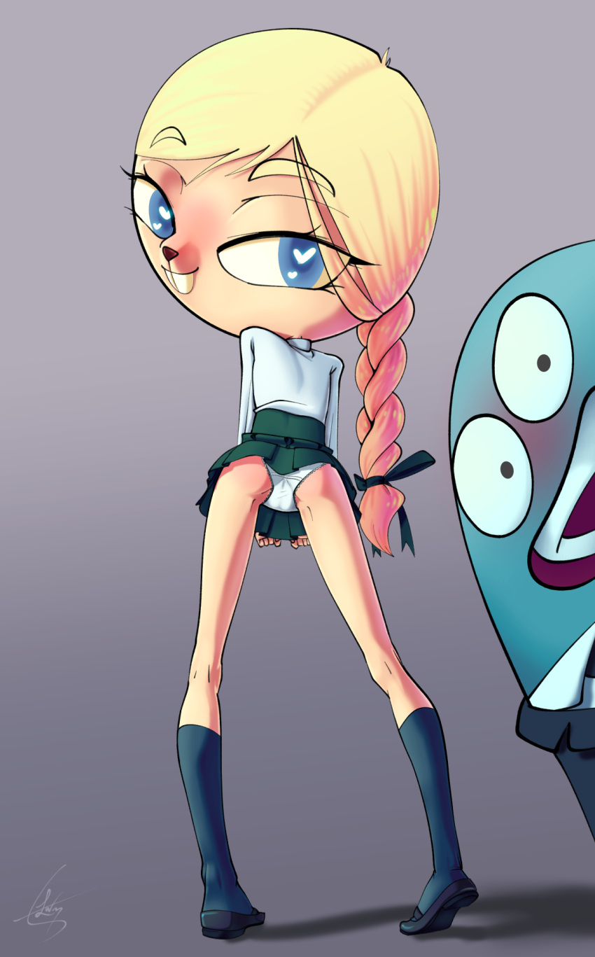 bloo_(character) blush butt cartoon_network clothing eurotrish female foster's_home_for_imaginary_friends hi_res lewlem looking_at_viewer male panties seductive smile standing underwear uniform