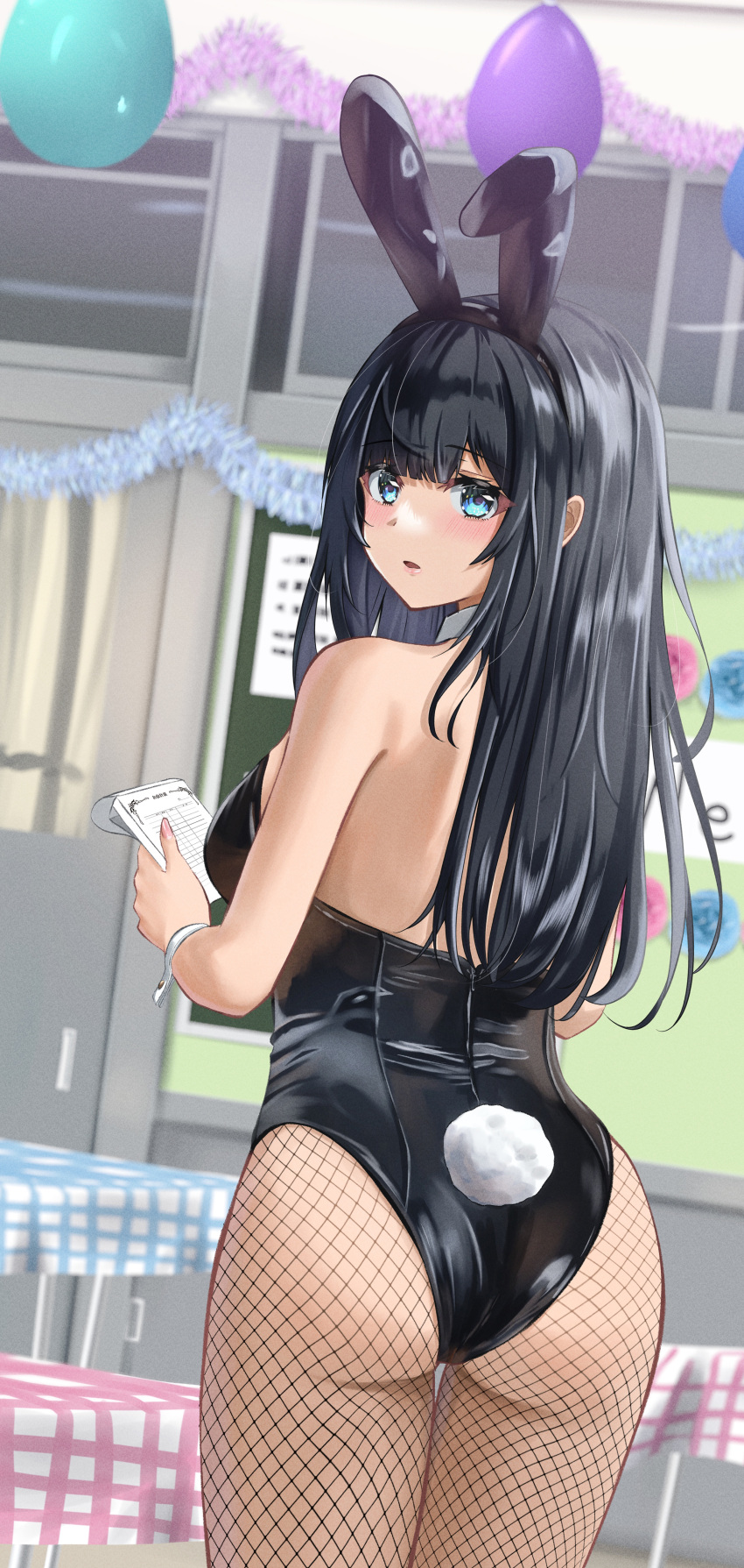 1girl absurdres aimi_(tikichin0229) animal_ears ass balloon bangs bare_arms bare_shoulders black_hair black_leotard blue_eyes blush cowboy_shot fake_animal_ears fake_tail fishnet_pantyhose fishnets highres holding indoors leotard long_hair looking_at_viewer original pantyhose parted_lips playboy_bunny rabbit_ears solo standing strapless strapless_leotard tail thighs very_long_hair