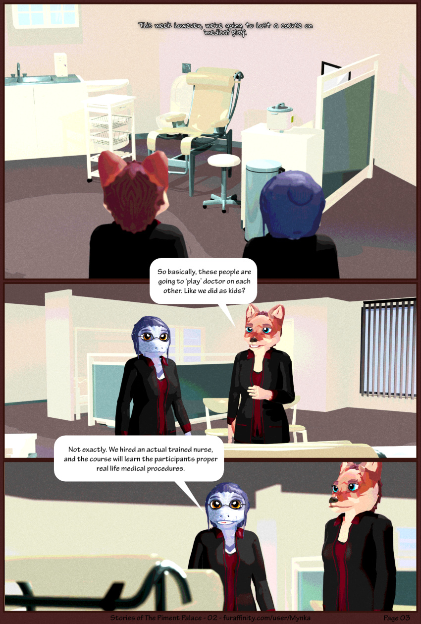 3d_(artwork) anthro clothed clothing comic dialogue digital_media_(artwork) duo english_text female furniture gynecological_chair hi_res hospital lennox_(mynka) medical_fetish medical_instrument medical_play mynka raelynn_(mynka) scientific_instrument speech_bubble text toilet trans_(lore) trans_woman_(lore) work_clothes work_uniform