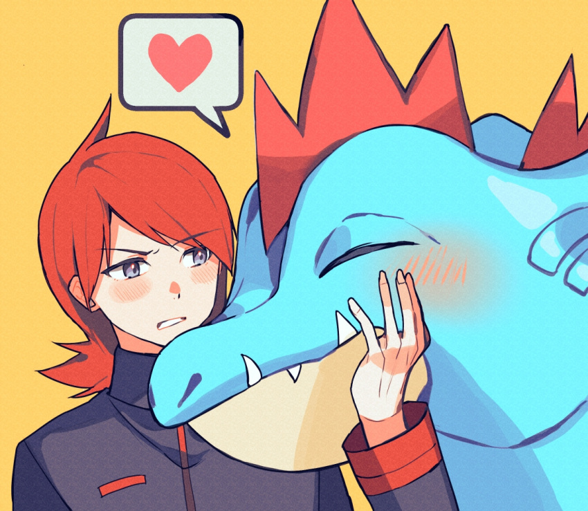 1boy bangs blush commentary_request cowlick feraligatr grey_eyes hand_up heart jacket kinomi_3030 long_hair long_sleeves male_focus pokemon pokemon_(creature) pokemon_(game) pokemon_hgss red_hair silver_(pokemon) spoken_heart yellow_background