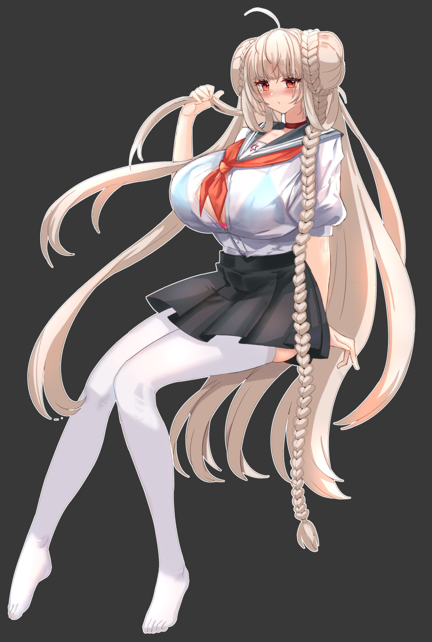 1girl absurdres ahoge alternate_costume ass_cutout azur_lane black_background black_sailor_collar black_skirt blue_bra blush bra bra_visible_through_clothes braid breasts chinese_commentary choker clothing_cutout crotchless crotchless_pantyhose double_bun formidable_(azur_lane) full_body gigantic_breasts hair_bun highres light_brown_hair long_hair miniskirt necktie official_alternate_hairstyle pantyhose pleated_skirt red_choker red_eyes red_necktie sailor_collar school_uniform shirt short_sleeves simple_background skirt twin_braids underwear very_long_hair white_pantyhose white_shirt yangcongtor