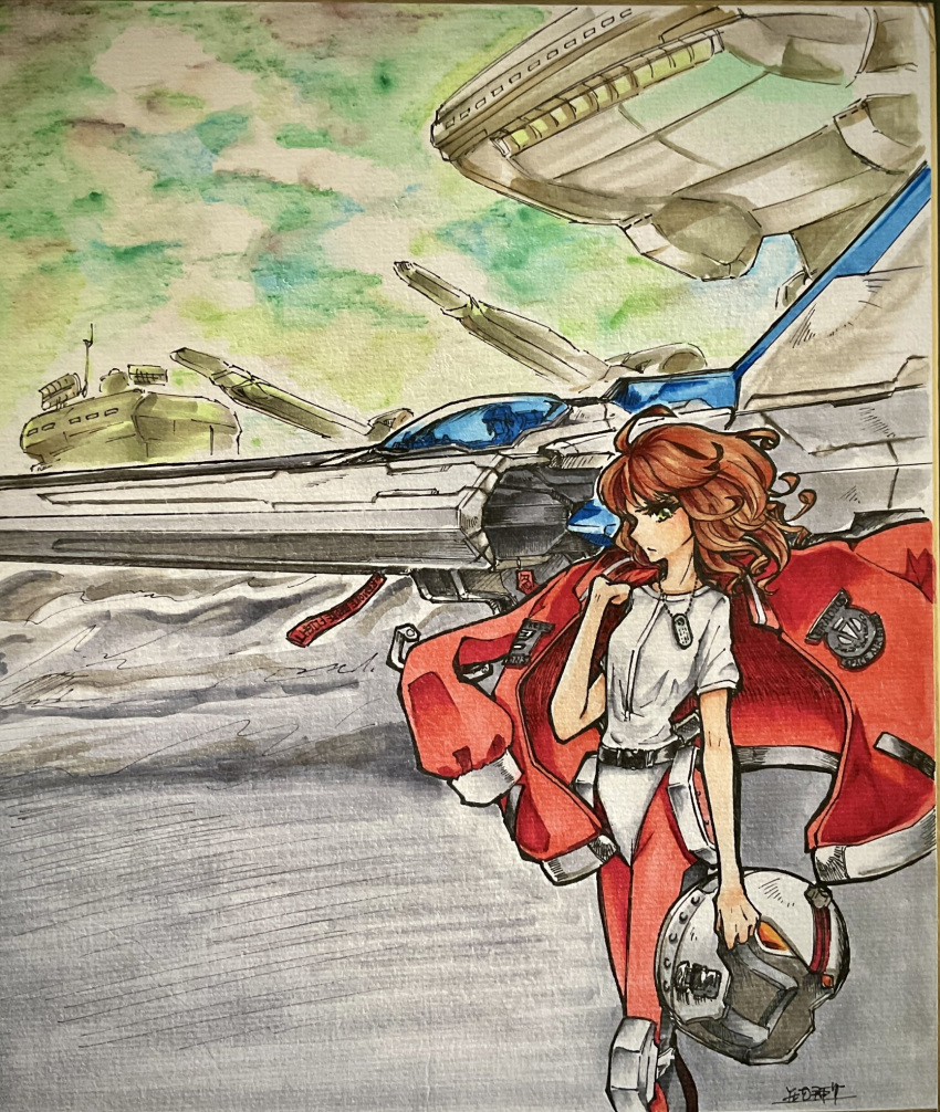 1girl brown_hair cannon canopy_(aircraft) cowlick floating_hair from_side gradius green_eyes highres jacket looking_at_viewer marker_(medium) medium_hair pants red_jacket red_pants salamander_(game) science_fiction shikishi shirt spacecraft starfighter stg_stg traditional_media vic_viper white_shirt