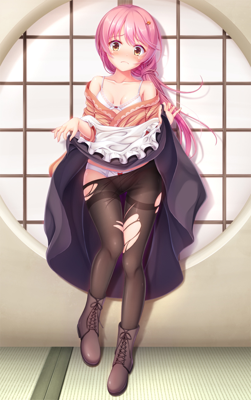 1girl black_pantyhose black_skirt blush boots bra breasts brown_eyes brown_footwear clothes_lift clothes_pull collarbone cross-laced_footwear full_body highres hiro_(725611) kurama_koharu lifted_by_self long_hair panties pantyhose pantyhose_pull pink_hair senren_banka skirt skirt_lift small_breasts solo standing thighband_pantyhose torn_pantyhose underwear white_bra white_panties