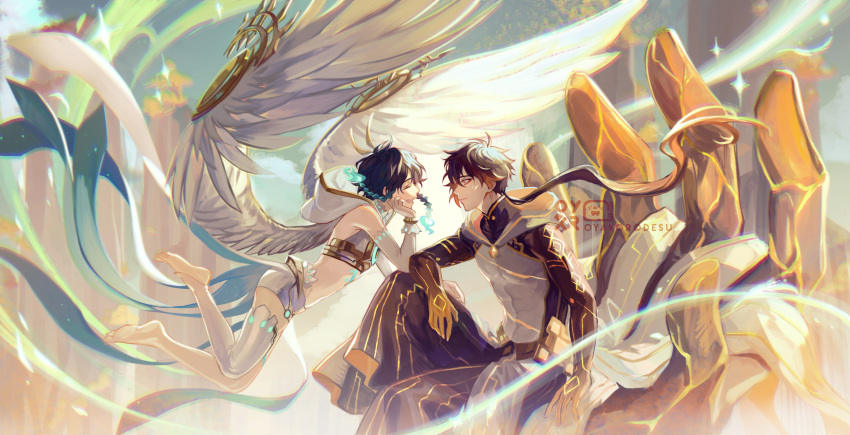 2boys ahoge angel_wings antenna_hair aqua_hair bangs barefoot blush braid brown_hair chest_tattoo closed_eyes closed_mouth colored_skin elbow_gloves english_commentary feathered_wings genshin_impact gloves gradient_hair grin highres hood hood_down hooded_robe looking_at_viewer low_ponytail multicolored_hair multiple_boys oyakorodesu red_eyeliner robe single_thighhigh sitting smile tattoo thighhighs twin_braids venti_(genshin_impact) white_gloves white_thighhighs white_wings wings zhongli_(genshin_impact)