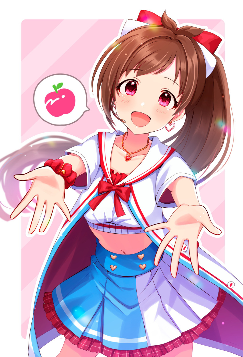 1girl antenna_hair blush bow brown_hair collarbone colored_skin crop_top earrings foreshortening hair_bow headset heart heart_earrings highres idolmaster idolmaster_cinderella_girls idolmaster_cinderella_girls_starlight_stage jewelry long_hair multicolored_skin navel outline outstretched_arms pleated_skirt ponytail reaching_out red_eyes sakura_ran scrunchie simple_background skirt solo speech_bubble tsujino_akari two-tone_skin very_long_hair white_outline wrist_scrunchie