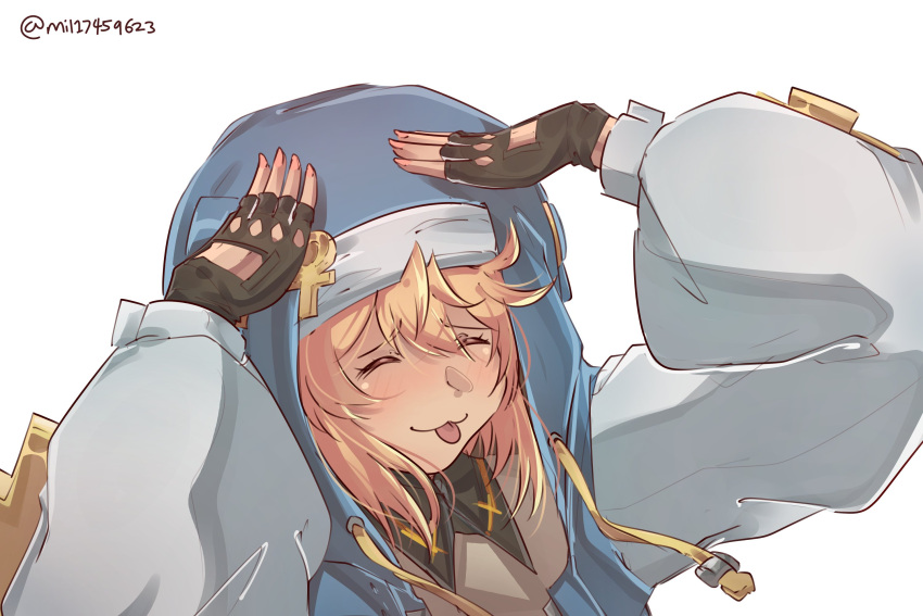 1boy :3 bangs black_gloves blue_hood bridget_(guilty_gear) closed_eyes closed_mouth commentary dojikko_pose fingerless_gloves gloves guilty_gear guilty_gear_strive habit hair_between_eyes highres long_sleeves male_focus medium_hair mil17459623 otoko_no_ko parody puffy_long_sleeves puffy_sleeves shirt simple_background smile solo taiho_shichauzo tongue tongue_out upper_body white_background white_shirt