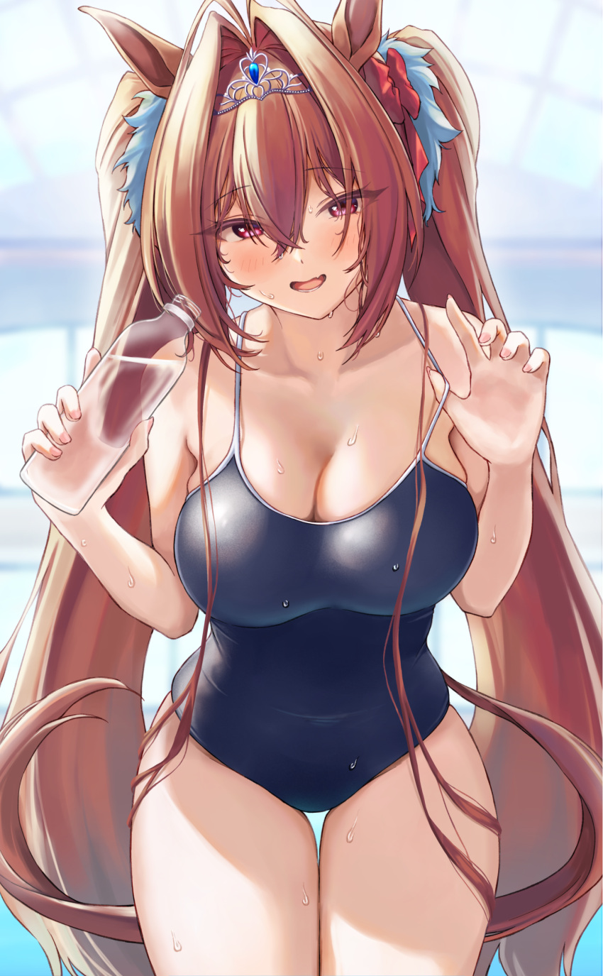 1girl absurdres animal_ears bangs blush bottle breasts brown_hair cleavage competition_swimsuit daiwa_scarlet_(umamusume) fang hair_between_eyes hair_intakes highres holding holding_bottle horse_ears horse_girl horse_tail huziko32 large_breasts long_hair looking_at_viewer one-piece_swimsuit open_mouth red_eyes school_swimsuit skindentation solo strap_pull swimsuit tail thigh_gap thighs tiara umamusume very_long_hair water_bottle wet
