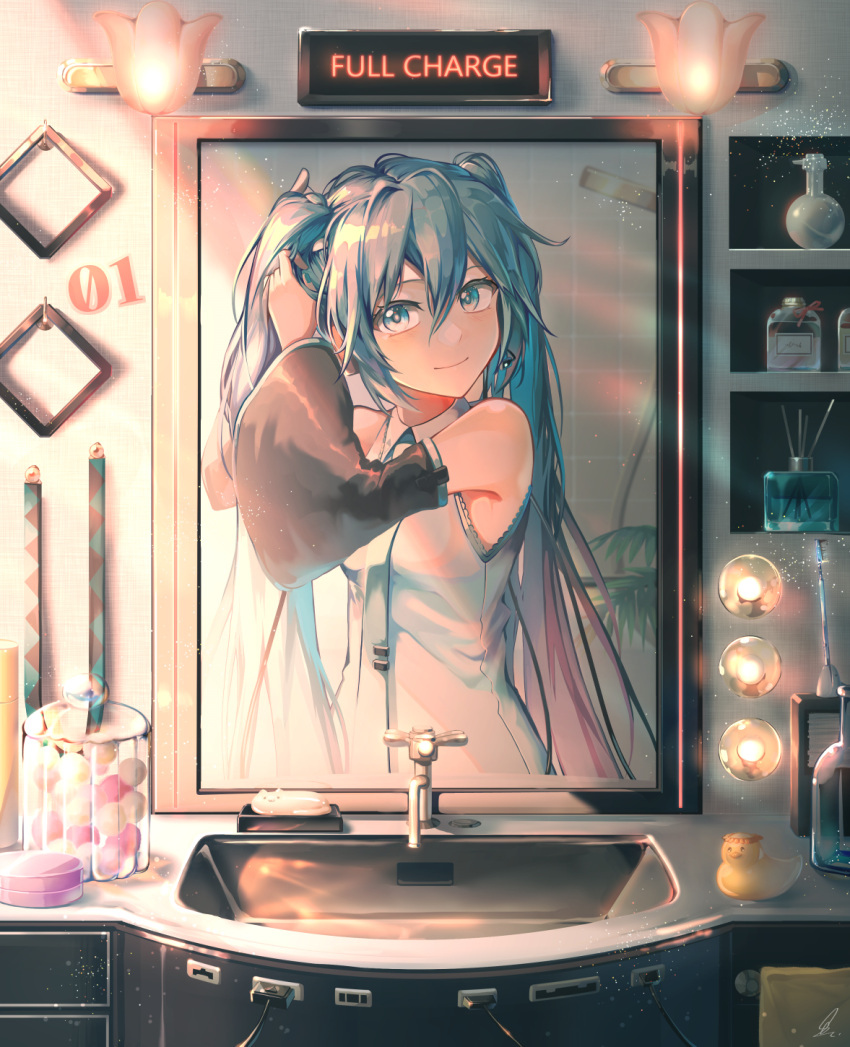 1girl arms_up bangs bare_shoulders black_sleeves blue_eyes blue_hair blue_necktie closed_mouth collared_shirt commentary_request detached_sleeves english_text faucet hair_between_eyes hatsune_miku highres indoors long_hair long_sleeves looking_at_viewer mirror necktie reflection rubber_duck saihate_(d3) shampoo_hat shirt sink sleeveless sleeveless_shirt smile solo tie_clip twintails tying_hair upper_body very_long_hair vocaloid white_shirt wide_sleeves