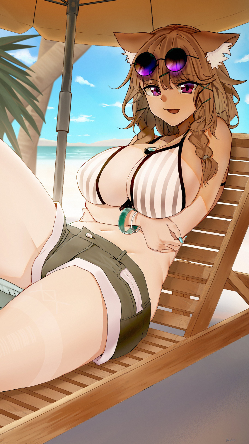 1girl absurdres arknights arms_under_breasts beach_chair beach_umbrella bikini blue_nails blue_sky bracelet braid breasts brown_hair buchi_k018 cloud cloudy_sky cowboy_shot day eyewear_on_head fingernails groin hair_ornament hairclip highres jewelry large_breasts long_fingernails long_hair looking_at_viewer navel necklace official_alternate_costume open_mouth outdoors palm_tree planted planted_umbrella purple-tinted_eyewear purple_eyes short_shorts shorts sitting sky solo striped striped_bikini sunglasses swimsuit thighs tinted_eyewear tree umbrella utage_(arknights) utage_(summer_flowers)_(arknights) x_hair_ornament