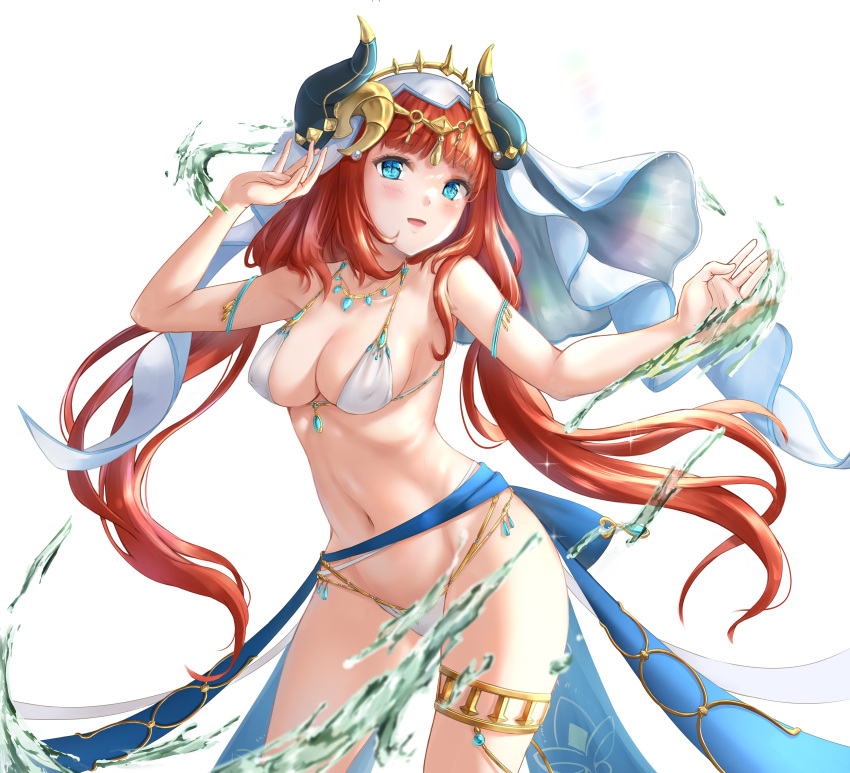1girl :d absurdres alternate_costume bangs bikini blue_eyes blush bow breasts commentary_request cowboy_shot crop_top forehead_jewel gem genshin_impact h_yoruneko hands_up highres horns jewelry large_breasts long_hair looking_at_viewer medium_breasts navel nilou_(genshin_impact) open_mouth red_hair shiny shiny_hair simple_background skirt smile solo stomach swimsuit twintails veil water white_background white_bikini
