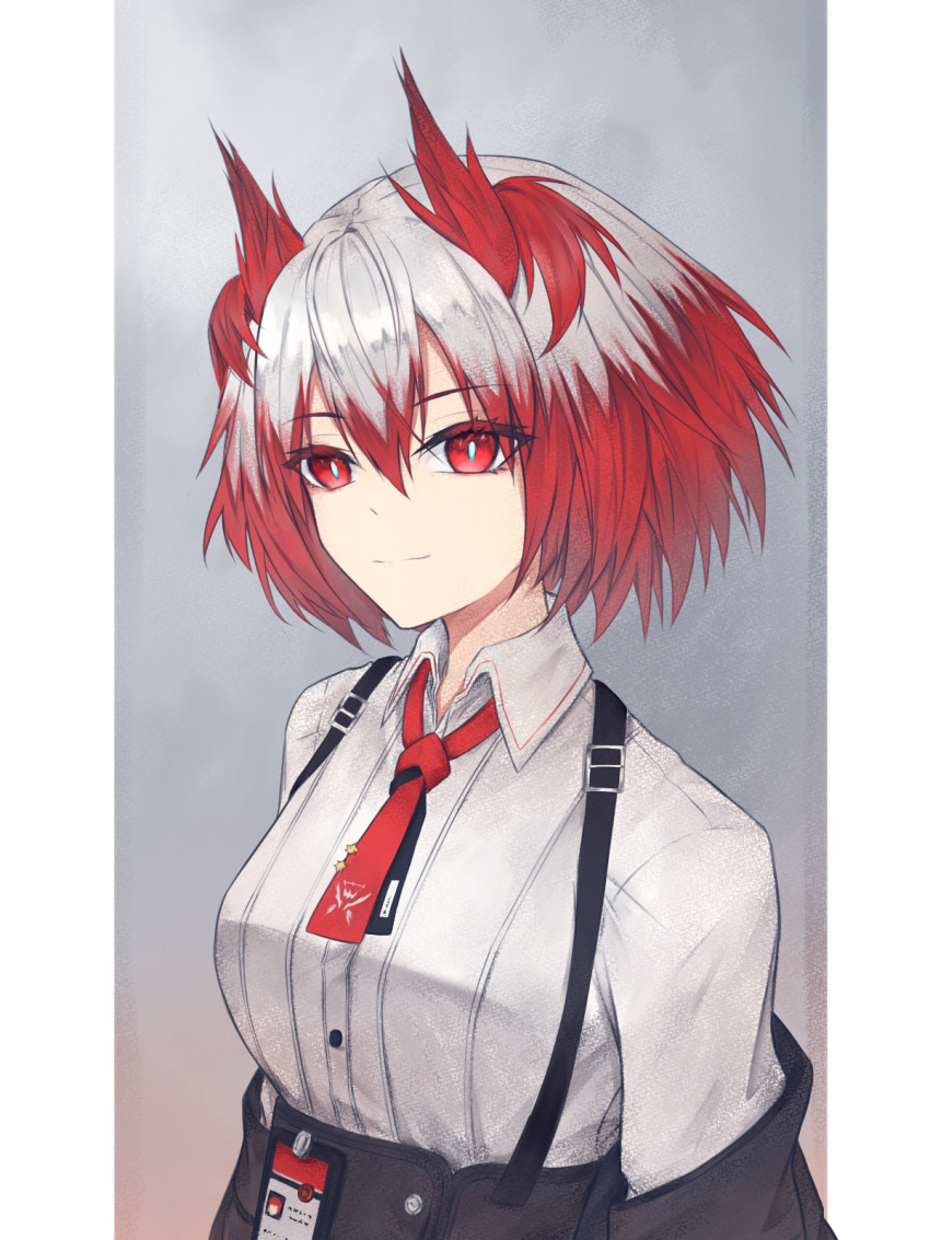 1girl animal_ears arknights bird_ears breasts collared_shirt colored_tips fiammetta_(arknights) grey_background grey_hair hair_between_eyes high-waist_skirt highres id_card light_smile looking_at_viewer multicolored_hair necktie northern_white-faced_owl_(kemono_friends) pillarboxed red_eyes red_hair red_necktie shirt shirt_tucked_in short_hair short_necktie simple_background skirt small_breasts solo suspender_skirt suspenders two-tone_hair upper_body vveirush white_shirt